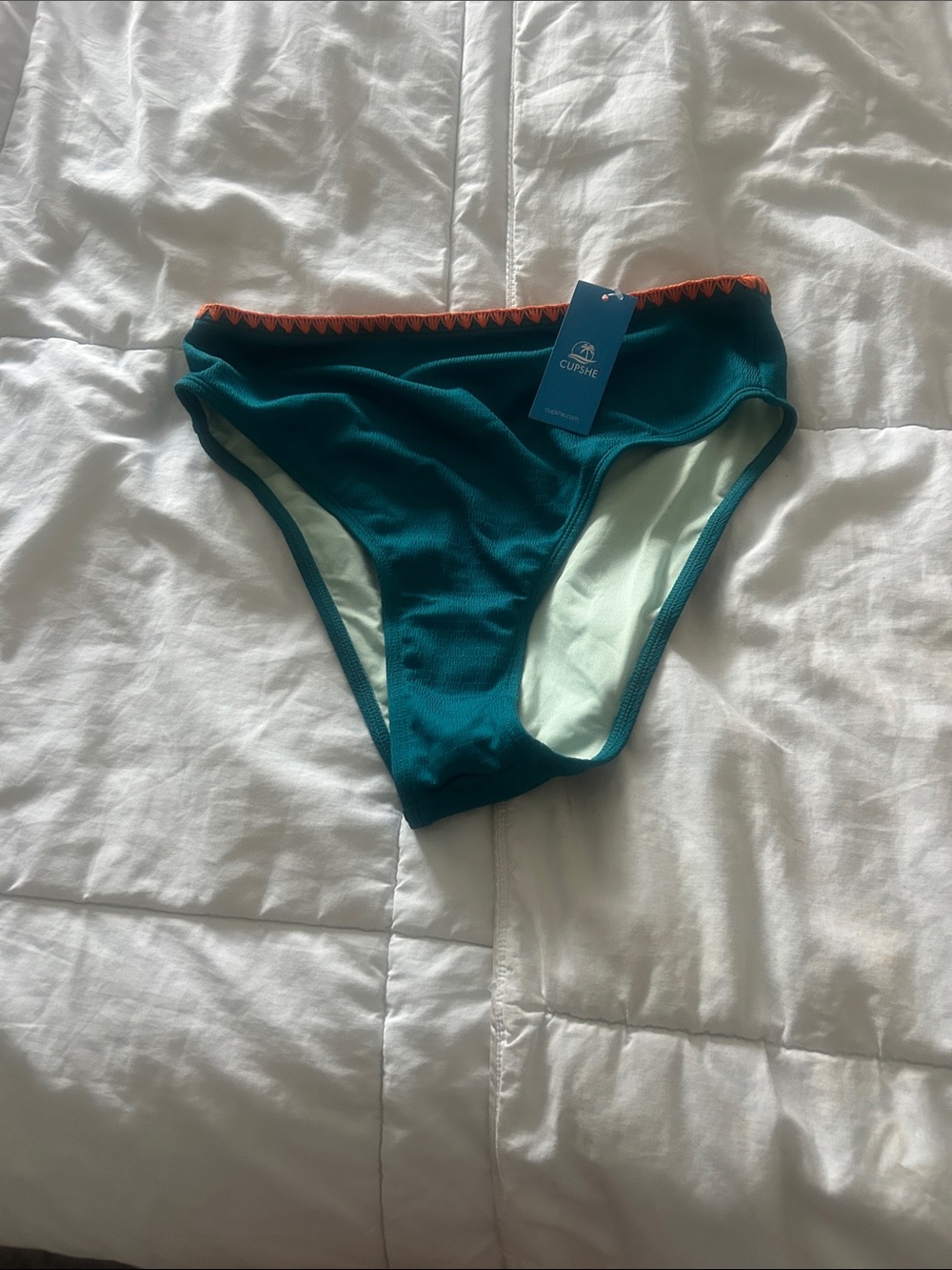Cupshe Teal Bikini Bottom with Coral Zigzag Trim